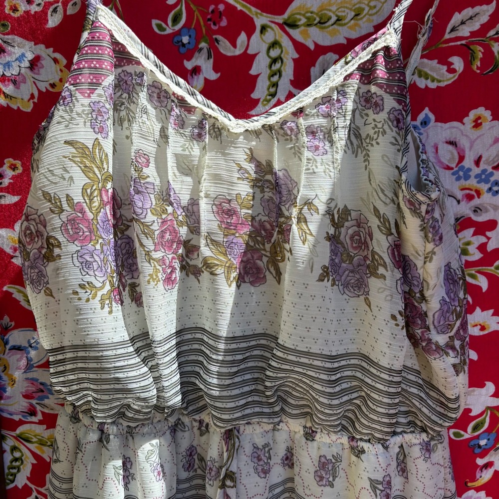 Cream Floral Boho Cottage Prairie Maxi Sun Dress Women's Size M - Picture 9 of 15